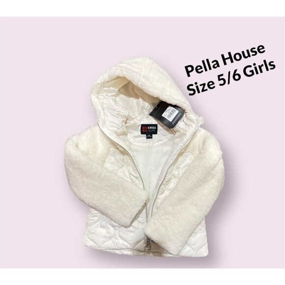 Swiss Alps Girls Hooded Quilted Fleece Jacket Size 5-6 Full Zip Vanilla Pockets - Picture 5 of 5